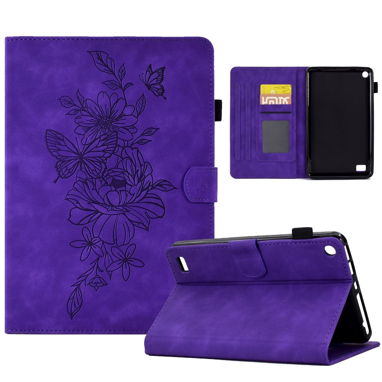 For Amazon Kindle Fire 7 2019/2017/2015 Peony Butterfly Embossed Leather Smart Tablet Case(Purple) - Amazon by buy2fix | Online Shopping UK | buy2fix
