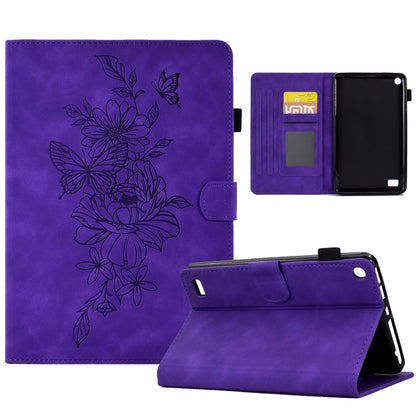 For Amazon Kindle Fire 7 2019/2017/2015 Peony Butterfly Embossed Leather Smart Tablet Case(Purple) - Amazon by buy2fix | Online Shopping UK | buy2fix