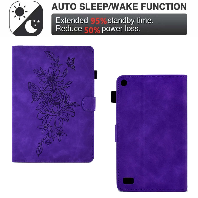 For Amazon Kindle Fire 7 2019/2017/2015 Peony Butterfly Embossed Leather Smart Tablet Case(Purple) - Amazon by buy2fix | Online Shopping UK | buy2fix
