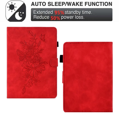 For Amazon Kindle Paperwhite 4/3/2/1 Peony Butterfly Embossed Leather Smart Tablet Case(Red) - Amazon by buy2fix | Online Shopping UK | buy2fix