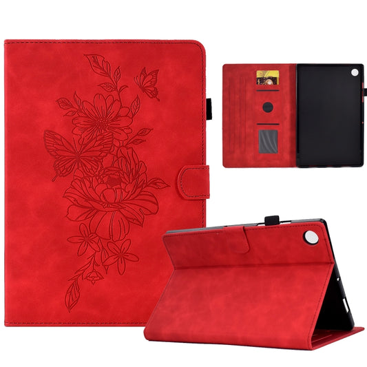 For Lenovo Tab M10 Plus 3rd Gen Peony Butterfly Embossed Leather Smart Tablet Case(Red) - Lenovo by buy2fix | Online Shopping UK | buy2fix