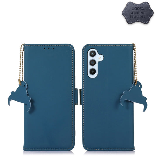 For Samsung Galaxy A24 4G Genuine Leather Magnetic RFID Leather Phone Case(Blue) by buy2fix