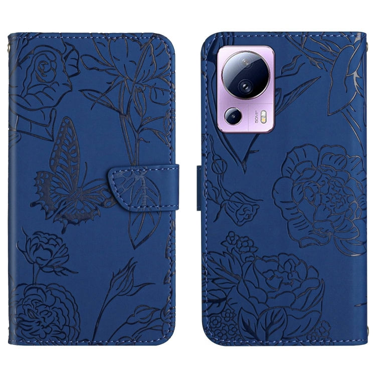 For Xiaomi 13 Lite HT03 Skin Feel Butterfly Embossed Flip Leather Phone Case(Blue) - Xiaomi Cases by buy2fix | Online Shopping UK | buy2fix