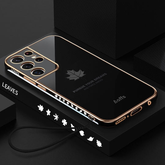 For Samsung Galaxy S23 Ultra 5G 9D Plating Maple Leaf Silicone Phone Case with Strap(Black)