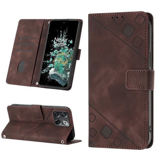 For OnePlus 10T 5G Skin-feel Embossed Leather Phone Case(Brown) - OnePlus Cases by buy2fix | Online Shopping UK | buy2fix