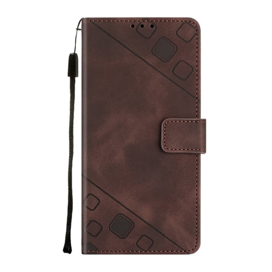 For OnePlus 10T 5G Skin-feel Embossed Leather Phone Case(Brown) - OnePlus Cases by buy2fix | Online Shopping UK | buy2fix