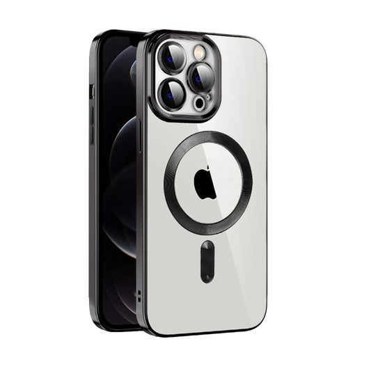For iPhone 12 CD Texture Plating TPU MagSafe Phone Case with Lens Film(Black) - iPhone 12 / 12 Pro Cases by buy2fix | Online Shopping UK | buy2fix