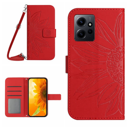 For Xiaomi Redmi Note 12 4G Global Skin Feel Sun Flower Embossed Flip Leather Phone Case with Lanyard(Red) by buy2fix