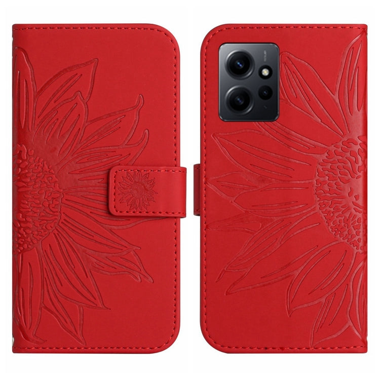 For Xiaomi Redmi Note 12 4G Global Skin Feel Sun Flower Embossed Flip Leather Phone Case with Lanyard(Red) by buy2fix