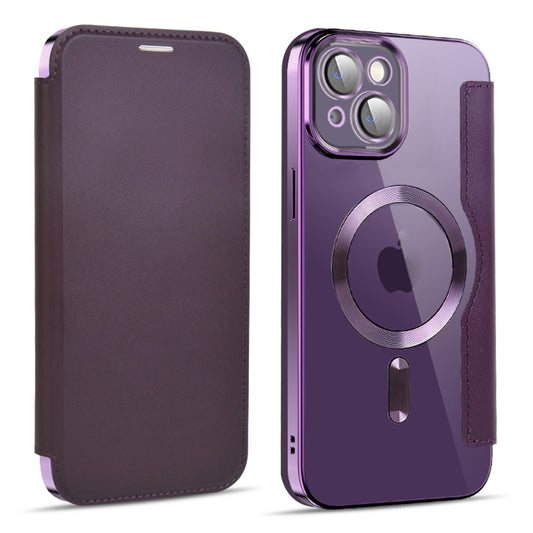 For iPhone 14 MagSafe Magnetic RFID Anti-theft Leather Phone Case(Dark Purple) - iPhone 14 Cases by buy2fix | Online Shopping UK | buy2fix
