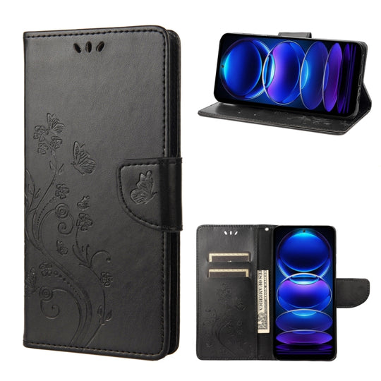 Pour Xiaomi Redmi Note 12 Pro 5G Étui de téléphone en cuir à motif de fleur de papillon mondial (noir)