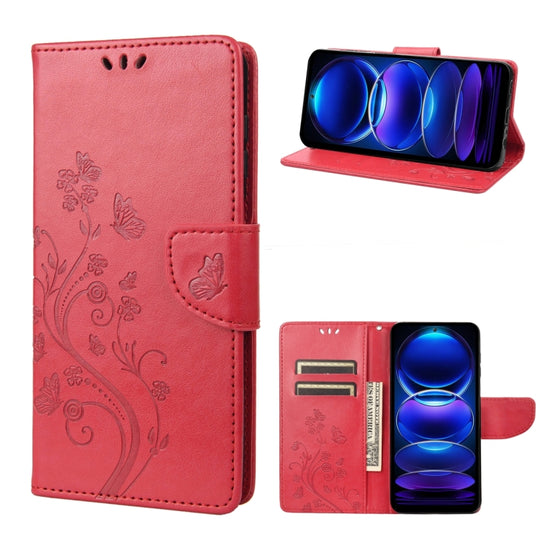 Pour Xiaomi Redmi Note 12 Pro + 5G Étui de téléphone en cuir à motif de fleur de papillon mondial (rouge)