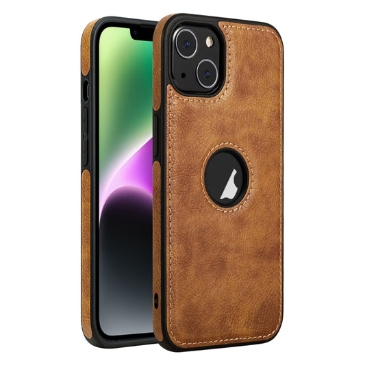 For iPhone 14 Plus Leather Texture Stitching Phone Case(Brown) - iPhone 14 Plus Cases by buy2fix | Online Shopping UK | buy2fix