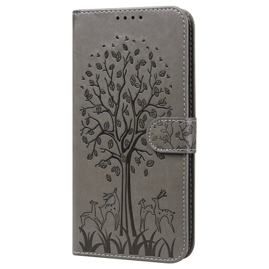 For Samsung Galaxy A54 5G Tree & Deer Pattern Pressed Printing Horizontal Flip Leather Phone Case(Grey) by buy2fix