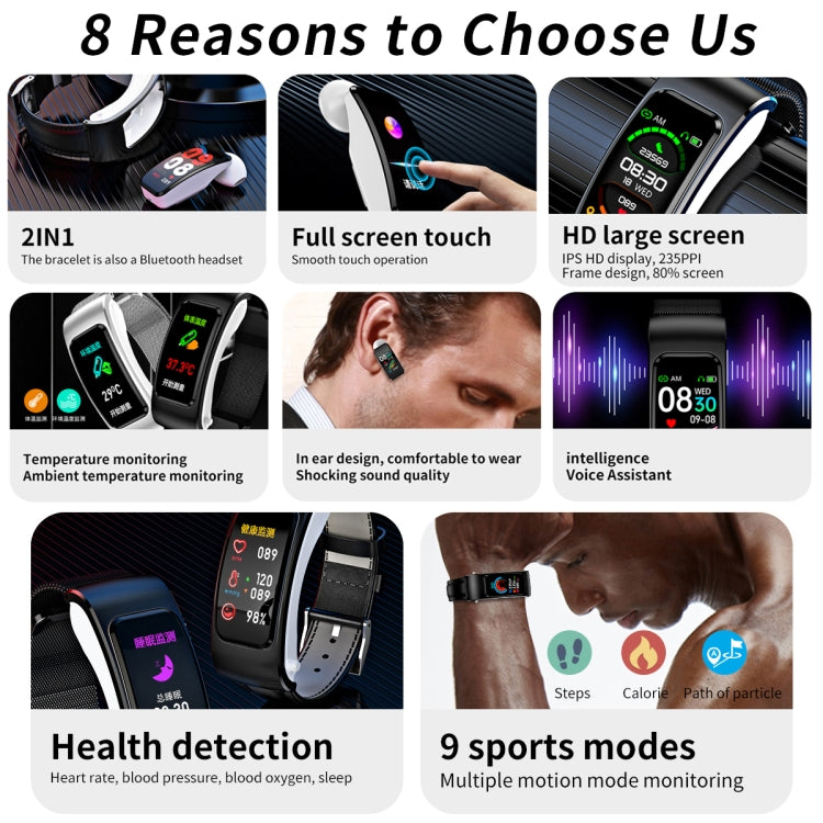 K60 1.08 inch Silicone Band Earphone Detachable Life Waterproof Smart Watch Support Bluetooth Call(Black) by buy2fix