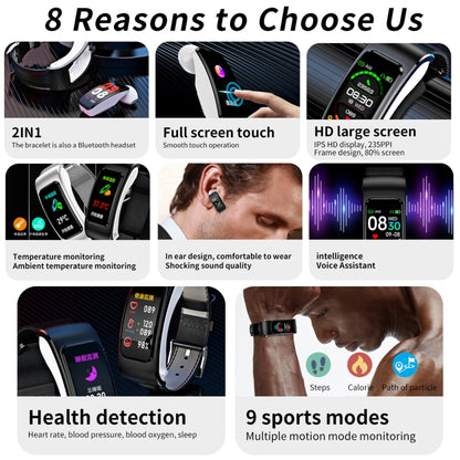 K60 1.08 inch Silicone Band Earphone Detachable Life Waterproof Smart Watch Support Bluetooth Call(Black) by buy2fix