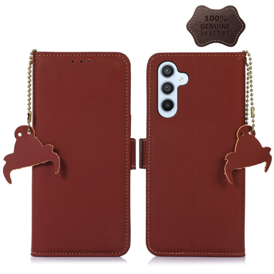For Samsung Galaxy M14 5G Genuine Leather Magnetic RFID Leather Phone Case(Coffee)
