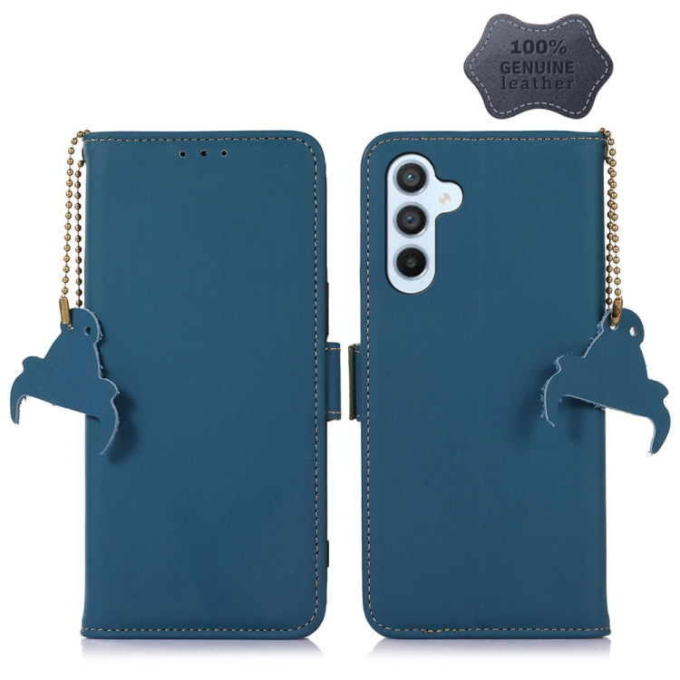 For Samsung Galaxy M14 5G Genuine Leather Magnetic RFID Leather Phone Case(Blue) by buy2fix