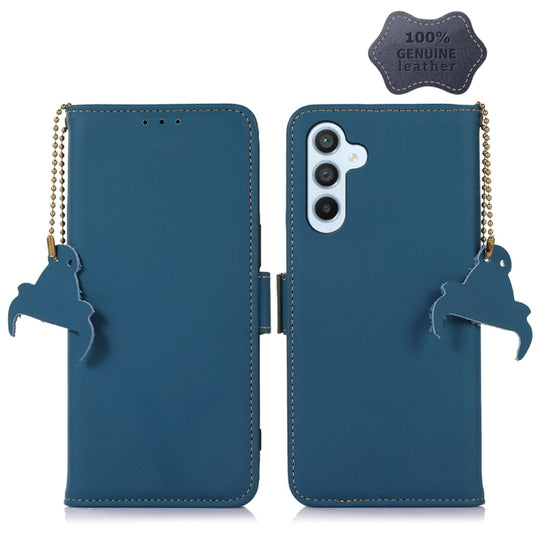 For Samsung Galaxy M14 5G Genuine Leather Magnetic RFID Leather Phone Case(Blue)