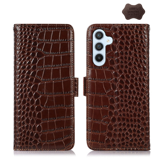 For Samsung Galaxy M14 5G Crocodile Top Layer Cowhide Leather Phone Case(Brown)