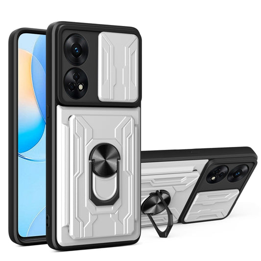 For OPPO Reno8 T 4G Sliding Camshield Card Phone Case(Pearl White) - OPPO Cases by buy2fix | Online Shopping UK | buy2fix
