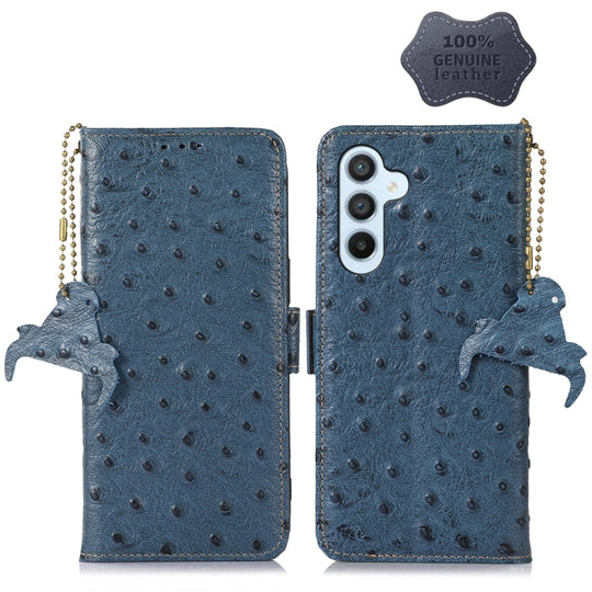 For Samsung Galaxy A14 5G / A14 4G Ostrich Pattern Genuine Leather RFID Phone Case(Blue)