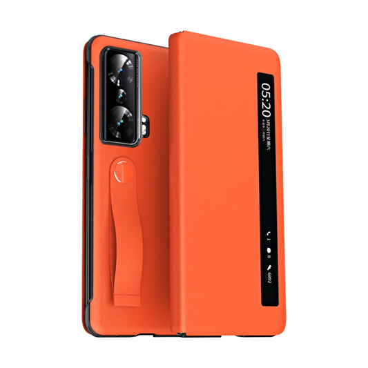 For Honor Magic Vs Side Window View Smart Litchi Pattern Leather Phone Case with Hand Strap(Orange) - Honor Cases by buy2fix | Online Shopping UK | buy2fix