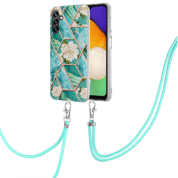 For Samsung Galaxy A34 5G Electroplating Splicing Marble Flower IMD TPU Phone Case with Lanyard(Blue Flower) by buy2fix