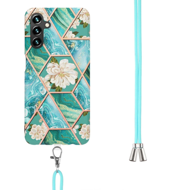 For Samsung Galaxy A34 5G Electroplating Splicing Marble Flower IMD TPU Phone Case with Lanyard(Blue Flower) by buy2fix