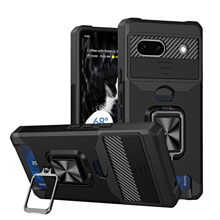 For Google Pixel 7a Camera Shield Card Slot Phone Case with Ring Holder(Black) by buy2fix