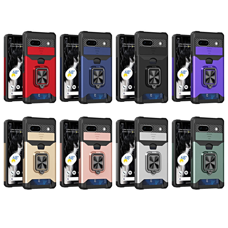 For Google Pixel 7a Camera Shield Card Slot Phone Case with Ring Holder(Black) by buy2fix