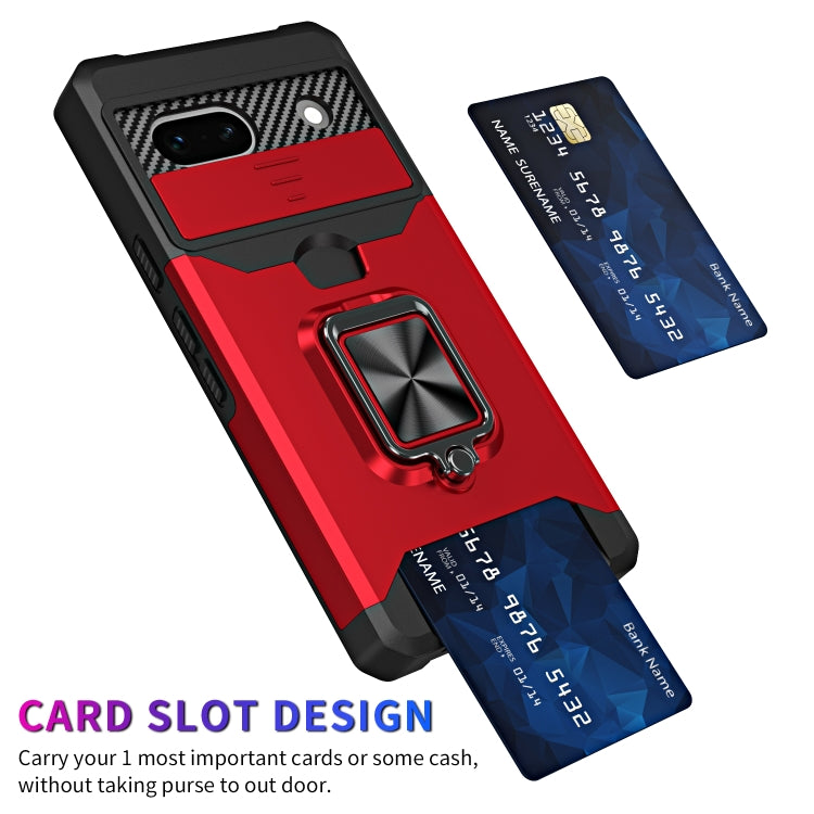 For Google Pixel 7a Camera Shield Card Slot Phone Case with Ring Holder(Black) by buy2fix