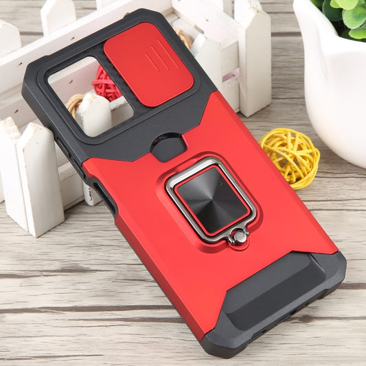 For Xiaomi Redmi Note 12 5G / Poco X5 Camera Shield Card Slot Phone Case with Ring Holder(Red) - Xiaomi Cases by buy2fix | Online Shopping UK | buy2fix