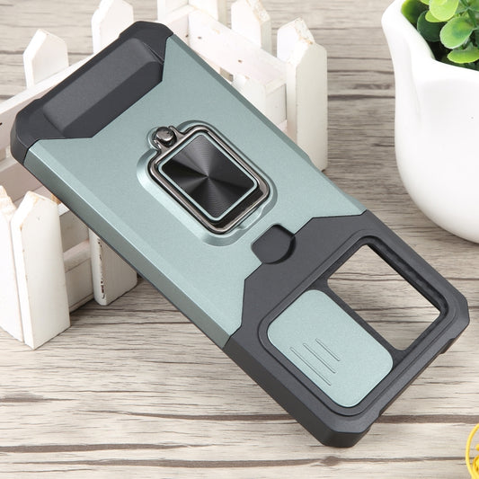 For Xiaomi Redmi Note 12 5G / Poco X5 Camera Shield Card Slot Phone Case with Ring Holder(Dark Green) by buy2fix