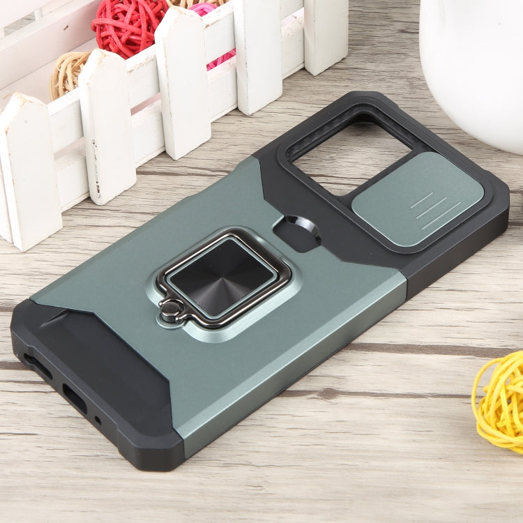 For Xiaomi Redmi Note 12 5G / Poco X5 Camera Shield Card Slot Phone Case with Ring Holder(Dark Green) by buy2fix