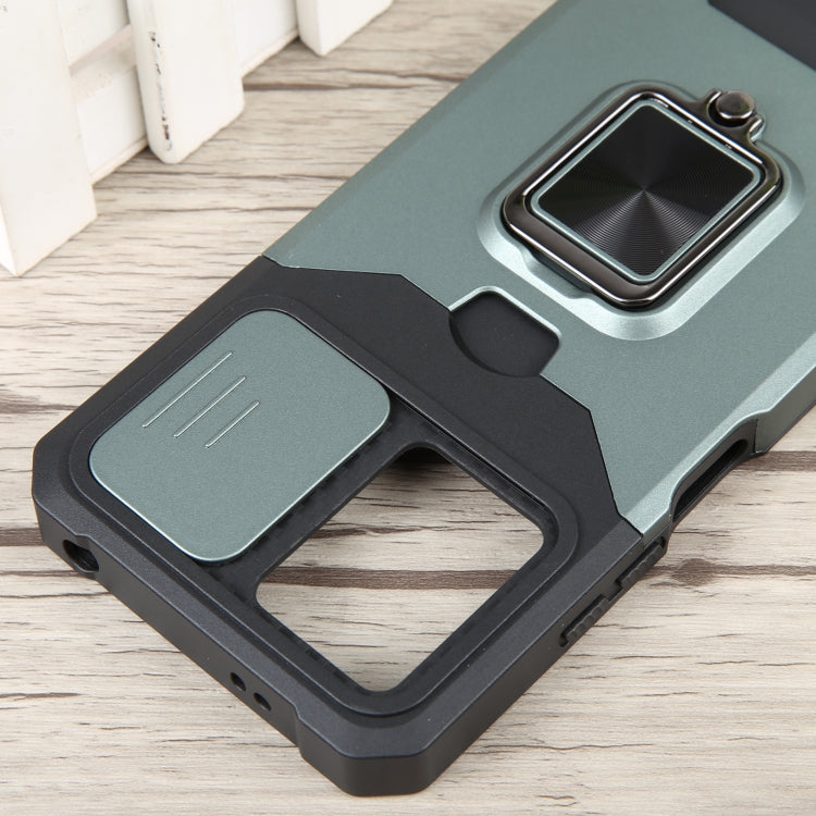 For Xiaomi Redmi Note 12 5G / Poco X5 Camera Shield Card Slot Phone Case with Ring Holder(Dark Green) by buy2fix