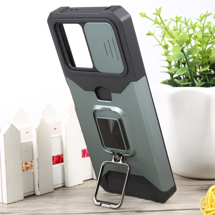 For Xiaomi Redmi Note 12 5G / Poco X5 Camera Shield Card Slot Phone Case with Ring Holder(Dark Green) by buy2fix