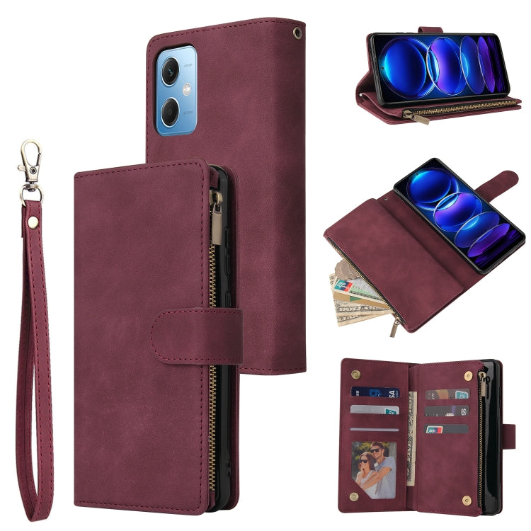 For Xiaomi Redmi Note 12 5G Global India / Poco X5 Multifunctional Multi-Card Wallet Phone Leather Case(Wine Red) by buy2fix