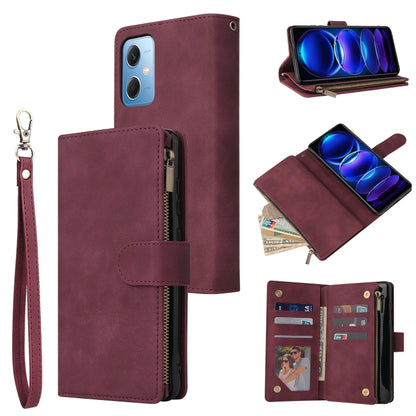 For Xiaomi Redmi Note 12 5G Global India / Poco X5 Multifunctional Multi-Card Wallet Phone Leather Case(Wine Red) by buy2fix