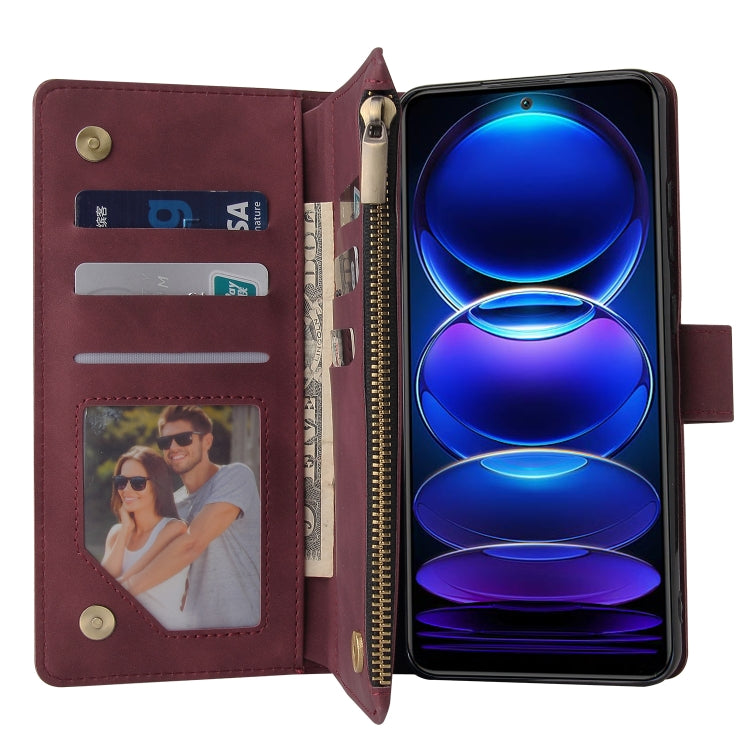 For Xiaomi Redmi Note 12 5G Global India / Poco X5 Multifunctional Multi-Card Wallet Phone Leather Case(Wine Red) by buy2fix