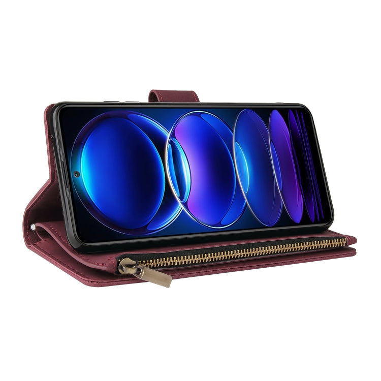 For Xiaomi Redmi Note 12 5G Global India / Poco X5 Multifunctional Multi-Card Wallet Phone Leather Case(Wine Red) by buy2fix