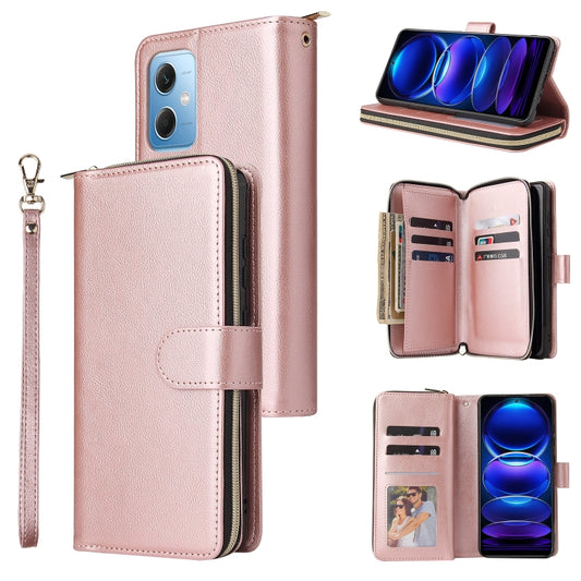 For Xiaomi Redmi Note 12 5G Global / Poco X5 9 Card Slots Zipper Wallet Bag Leather Phone Case(Rose Gold) by buy2fix
