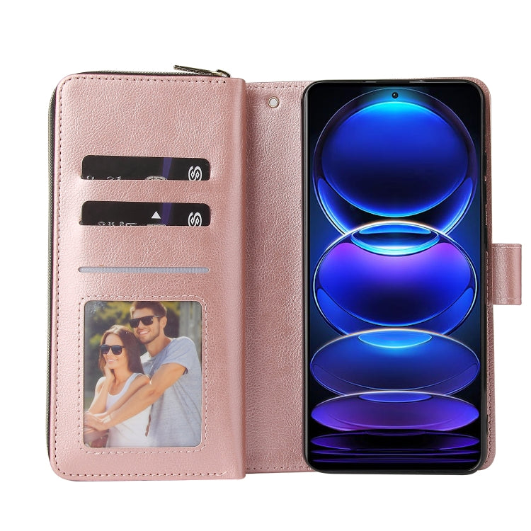 For Xiaomi Redmi Note 12 5G Global / Poco X5 9 Card Slots Zipper Wallet Bag Leather Phone Case(Rose Gold) by buy2fix
