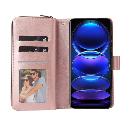 For Xiaomi Redmi Note 12 5G Global / Poco X5 9 Card Slots Zipper Wallet Bag Leather Phone Case(Rose Gold) by buy2fix