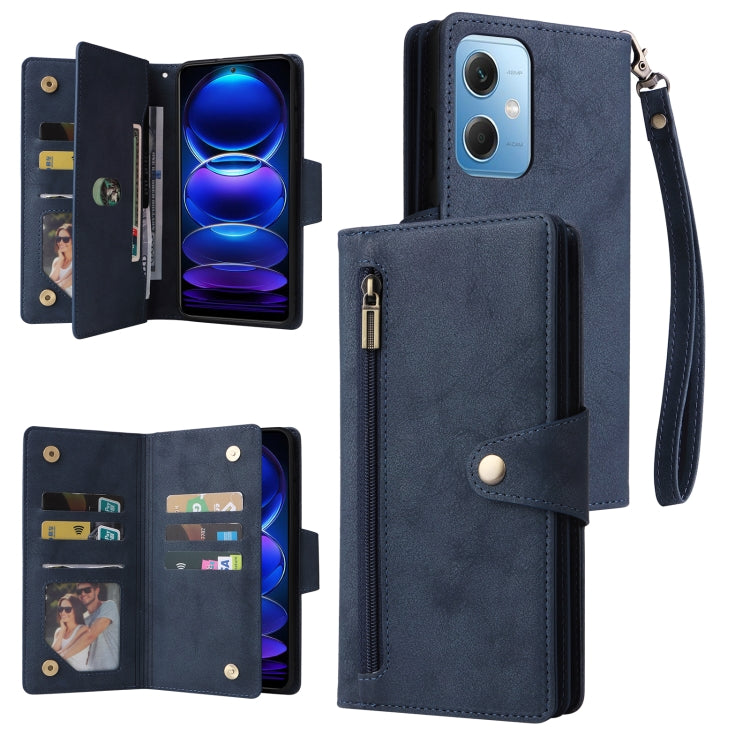 For Xiaomi Redmi Note 12 5G Global / Poco X5 Rivet Buckle 9 Cards Three Fold Leather Phone Case(Blue) by buy2fix