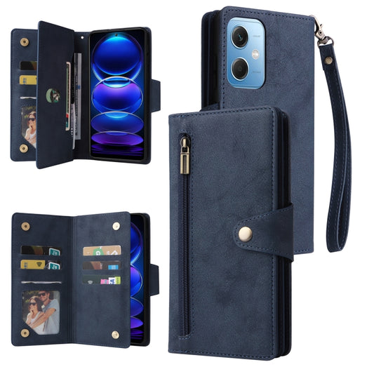 For Xiaomi Redmi Note 12 5G Global / Poco X5 Rivet Buckle 9 Cards Three Fold Leather Phone Case(Blue) by buy2fix