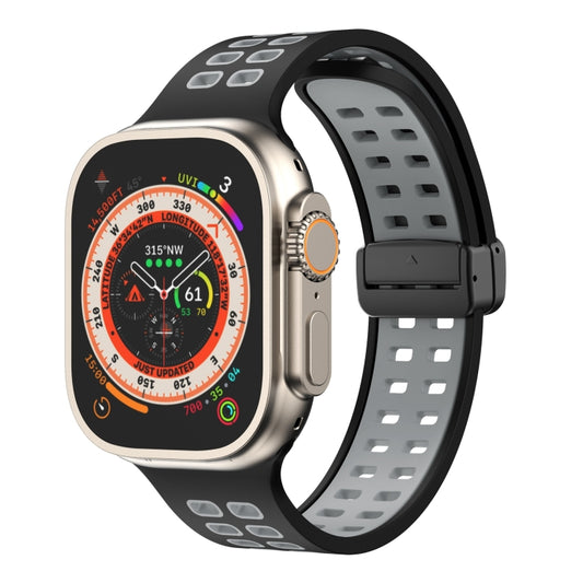 Magnetic Fold Clasp Square Holes Silicone Watch Band For Apple Watch Ultra 49mm&Watch Ultra 2 49mm / Series 9&8&7 45mm / SE 3&SE 2&6&SE&5&4 44mm / 3&2&1 42mm(Black Grey) - Watch Bands by buy2fix | Online Shopping UK | buy2fix