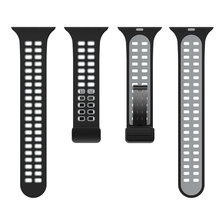 Magnetic Fold Clasp Square Holes Silicone Watch Band For Apple Watch Ultra 49mm&Watch Ultra 2 49mm / Series 9&8&7 45mm / SE 3&SE 2&6&SE&5&4 44mm / 3&2&1 42mm(Black Grey) - Watch Bands by buy2fix | Online Shopping UK | buy2fix