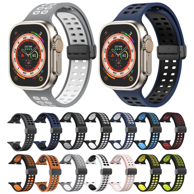 Magnetic Fold Clasp Square Holes Silicone Watch Band For Apple Watch Ultra 49mm&Watch Ultra 2 49mm / Series 9&8&7 45mm / SE 3&SE 2&6&SE&5&4 44mm / 3&2&1 42mm(Black Grey) - Watch Bands by buy2fix | Online Shopping UK | buy2fix