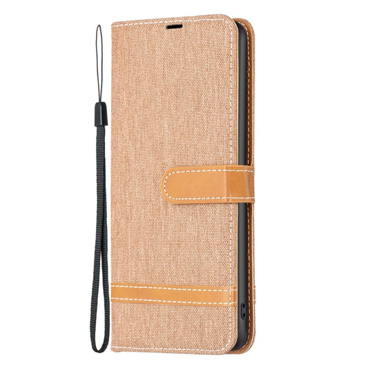 For Samsung Galaxy M14 5G Color Block Denim Texture Leather Phone Case(Brown) by buy2fix
